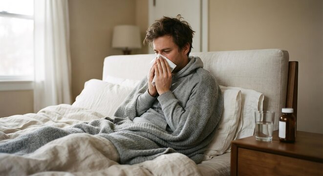 Young Man Blowing Nose in Bed with Cold and Flu Symptoms, Home Healthcare and Wellness Concept