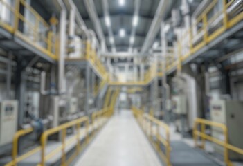 Fototapeta premium Defocused factory interior featuring industrial motors, piping systems, and mechanical equipment for production processes.