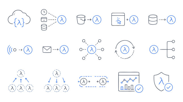 Serverless computing thin line icon collection with lambda functions, cloud triggers, events, storage buckets, queues, autoscaling workflows, monitoring and secure backend automation vectors