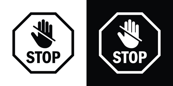 Black and white stop signs featuring an open hand icon with a slash mark and the word STOP inside an octagon frame. Vector warning icons.
