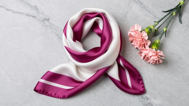 Silk Scarf and Pink Carnations on Marble, Breast Cancer Awareness Month Campaign Background