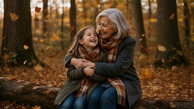 Grandmother and Granddaughter Laughing on Log in Autumn Forest, Intergenerational Family Bonding and Connection Concept