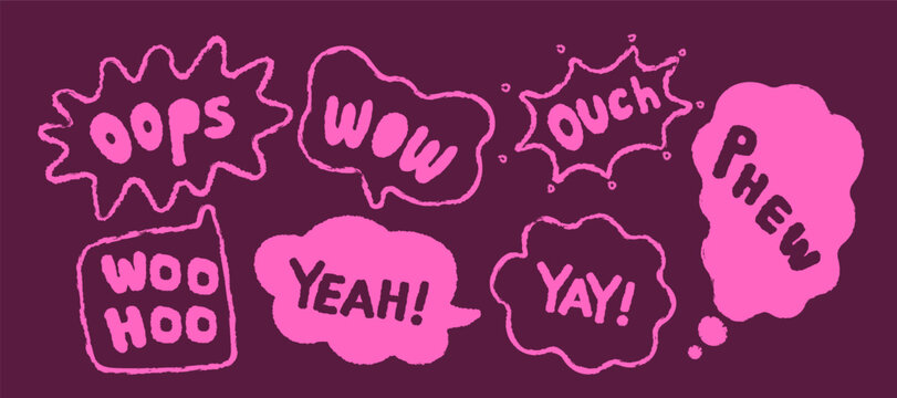 Crayon speech bubble with Yay, Wow, Woohoo, Ouch, Phew, Yeah, Oops. For kids projects, comics, educational materials, fun social media posts. Funky cheerful exclamations on dark background.
