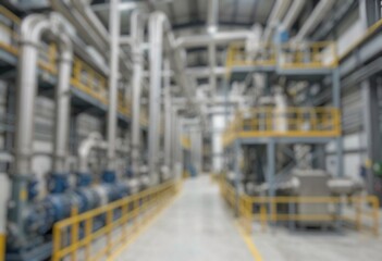 Fototapeta premium Defocused factory interior featuring industrial motors, piping systems, and mechanical equipment for production processes.
