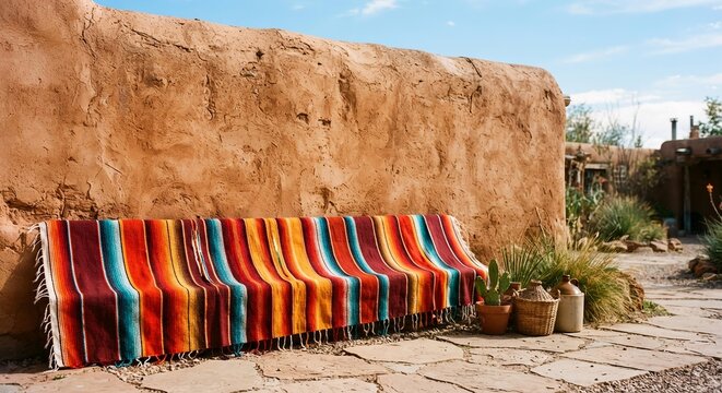 Mexican Serape Blanket on Adobe Bench, Southwestern Home Decor Background for Lifestyle Website Banner