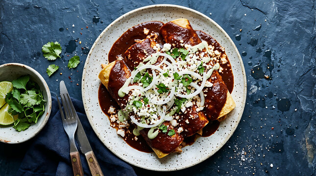 Traditional mexican enchiladas with red mole sauce and queso fresco, enchiladas