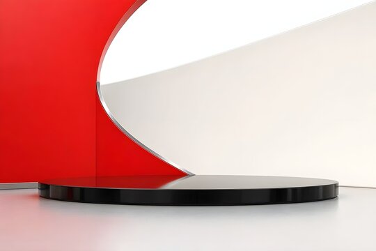 Minimal luxury Singapore National Day podium background featuring curved red and white architectural elements, glossy platform, soft shadows, modern premium presentation scene, copy space