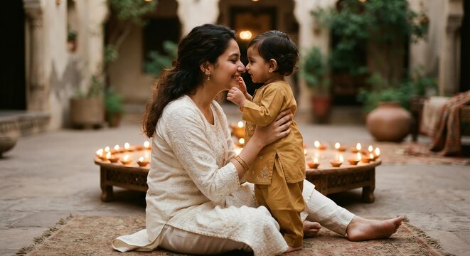 South Asian Mother and Toddler Celebrating Diwali with Diyas, Family Bonding and Cultural Tradition Concept