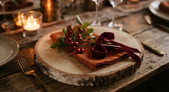 Rustic Autumn Wedding Table Setting with Rose Hips and Velvet Ribbon, Elegant Fall Event Decor Concept