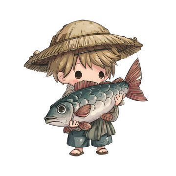 A cute chibi style fisherman in a straw hat proudly holds a large fish against a clean white backdrop