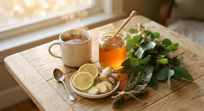 Steaming Herbal Tea with Honey and Ginger for Natural Cold Remedy, Wellness and Holistic Health Concept