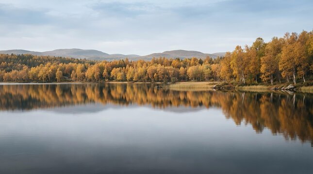 Calm Lake with Golden Autumn Trees Reflection, Serene Nature Background for Website Header and Marketing Banner