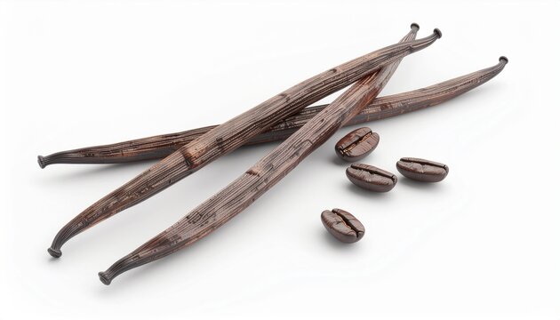 A close-up view of vanilla beans and seeds are scattered on a surface