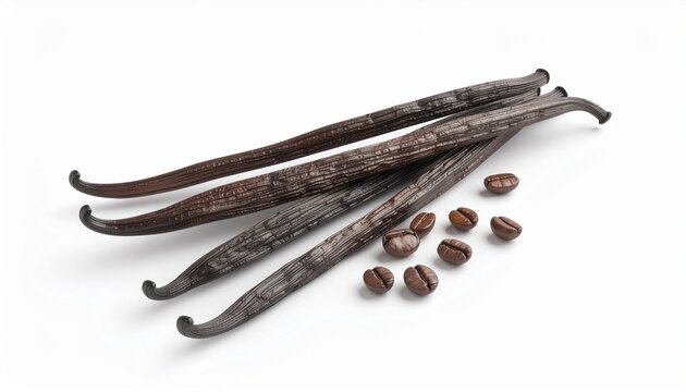 A realistic image of three long vanilla beans and several seeds isolated on a pure white background.