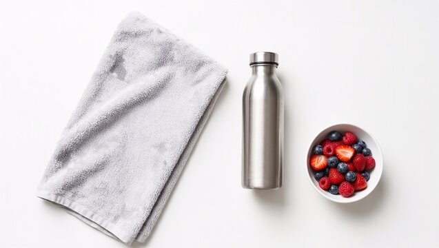 Healthy Lifestyle Flat Lay with Water Bottle and Fresh Berries, New Year Resolution and Wellness Concept
