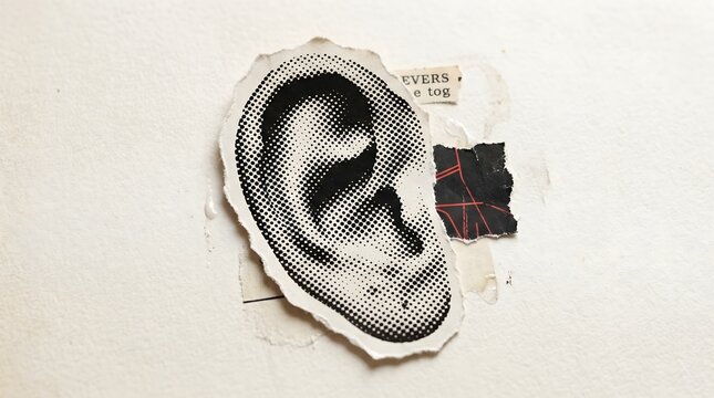 Collage, Ear. Trendy abstract cutout ear halftone collage element for design montage