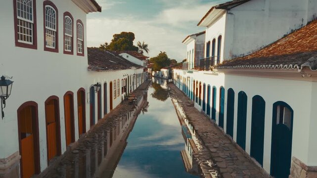 Aerial view of the flooded street of the colonial town of Paraty, Brazil