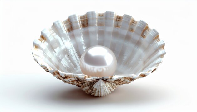 A luminous pearl shines within an open ultra-realistic pearl shell.