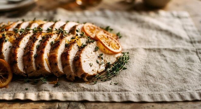 Roasted Turkey Breast Slices on Linen with Thyme and Orange, Thanksgiving Dinner Menu Template