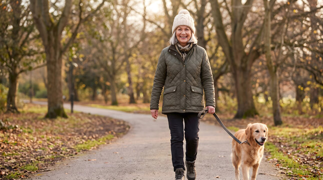 Active Senior, Old Woman, Old woman with his dog during a walk portrait wearing a hat for spring and winter smiling toc amera Senior people mental
