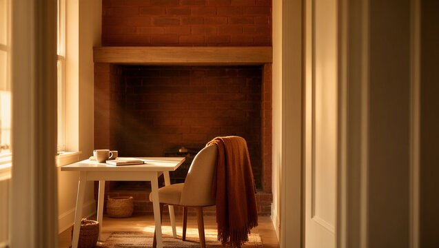 Cozy Home Office Nook with Fireplace and Desk, Winter Hygge Lifestyle Concept for Remote Work
