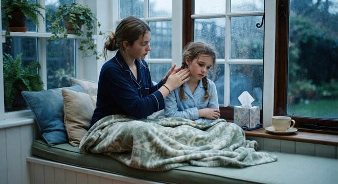 Older Sister Caring for Sick Younger Sibling at Home, Flu Season Wellness and Family Support Concept
