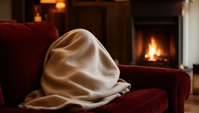 Person Relaxing Under Warm Blanket on Sofa by Fireplace, Winter Hygge Wellness Concept