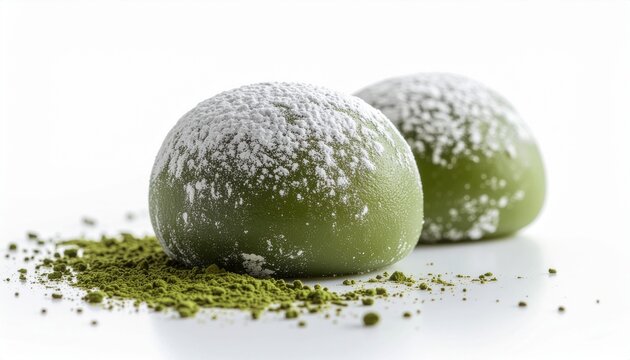 Delicate matcha mochi balls with powder on a clean surface
