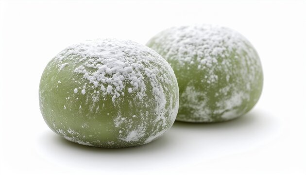 Two matcha green mochi balls are covered in delicate powder particles