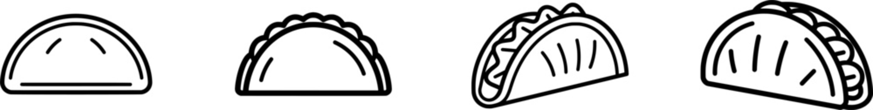 A minimalist black outline illustration of a hard shell taco, with thick uniform lines, set against a pure white background, exuding a clean and modern aesthetic