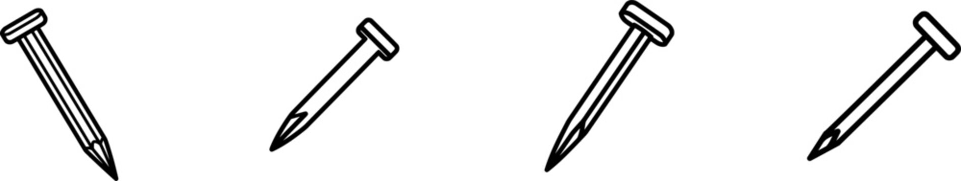 A black outline icon of a sharp nail, with thick uniform lines against a pure white background, in a minimalist flat vector style. The nail is isolated and has a simple, clean design