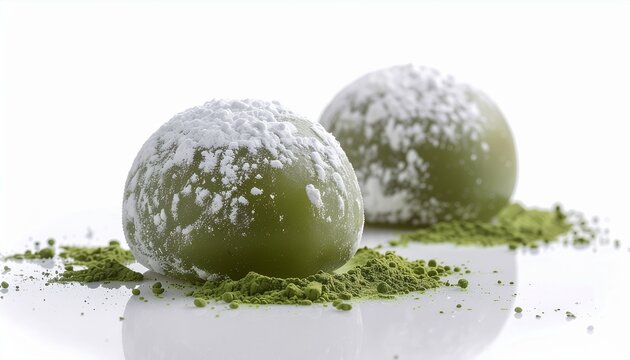 Two green matcha mochi balls with delicate powder particles isolated on a surface