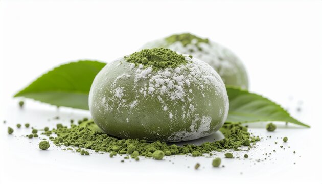 Delicate matcha mochi sits on green powder with leaves nearby