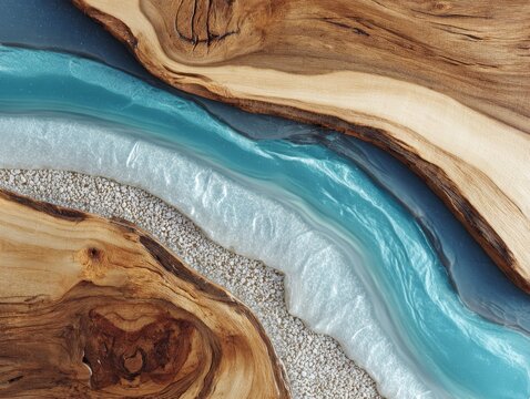 Live edge wood with turquoise epoxy resin river abstract luxury texture