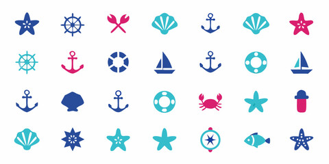 Nautical Icon Set Featuring Anchors Seashells And Starfish In Teal And Red © Juel