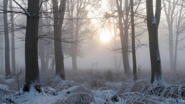 Misty Snowy Forest Landscape at Winter Morning, Serene Nature Background for Seasonal Marketing and Website Banners