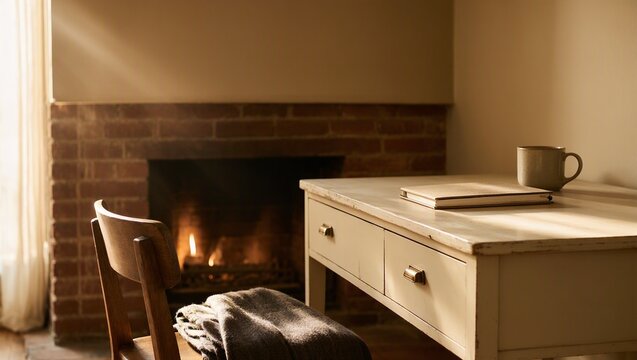 Cozy Home Office Workspace with Fireplace, Winter Hygge Interior Design and Remote Work Productivity Concept
