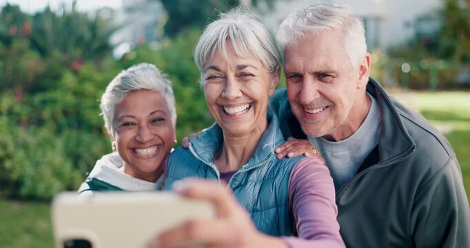 Park, fitness and selfie of senior people, laugh and profile picture with friends for memory on web. Outdoor, photography and group with smile after physical activity, relax and retirement in nature