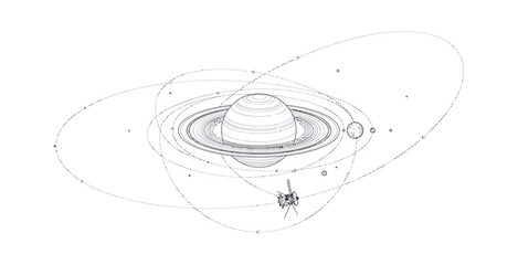 Saturn Planet and Space Probe Line Art Illustration © Naswi