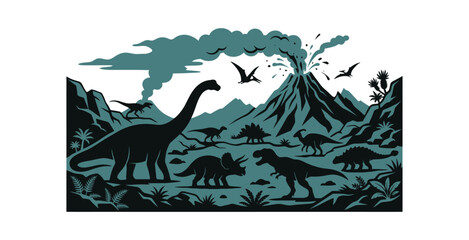 Prehistoric Dinosaur Landscape Silhouette Vector Illustration © Naswi