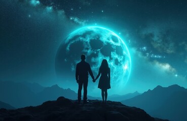 Fototapeta premium Young couple stands holding hands on high mountain peak during night. Man, woman watch large blue moon in dark starry sky above mountain range. Lovers enjoy romantic outdoor adventure together under