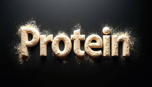 Word Protein shaped from white whey powder on black background. 3d typography design shows scattered grains around characters. Minimalist studio composition illustrates sports nutrition theme. Clean