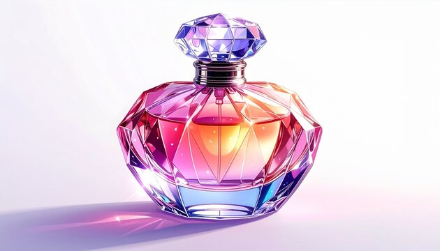 Ultra realistic premium sticker design featuring a luxury crystal perfume bottle on a table