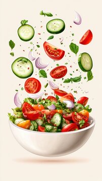 Appetizing Salad bowl and salad elements collection,healthy fresh vegetables,Healthy nutrition, menu or poster,banner for cafe or restaurant concept.
