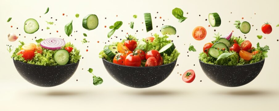 Appetizing Salad bowl and salad elements collection,healthy fresh vegetables,Healthy nutrition, menu or poster,banner for cafe or restaurant concept.