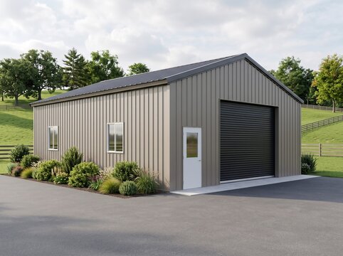 Beige Metal Barn with Black Roll Up Garage Door in Rural Driveway