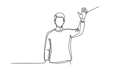 Continuous line drawing of a man waving hello, minimalist illustration on white background.