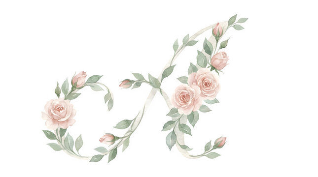Vintage watercolor letter A with pink roses, floral alphabet monogram for wedding invitations, elegant botanical initial with green leaves