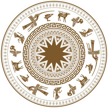 Traditional Vietnamese Dong Son bronze drum surface vector illustration with stylized cultural bird and animal motifs.