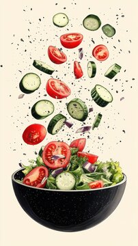 Appetizing Salad bowl and salad elements collection,healthy fresh vegetables,Healthy nutrition, menu or poster,banner for cafe or restaurant concept.